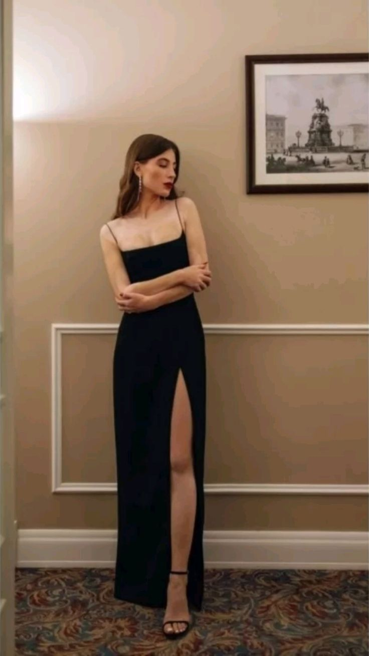 Black Spaghetti Straps Sheath Slit Long Prom Dress Sexy Evening Dress cc1860
