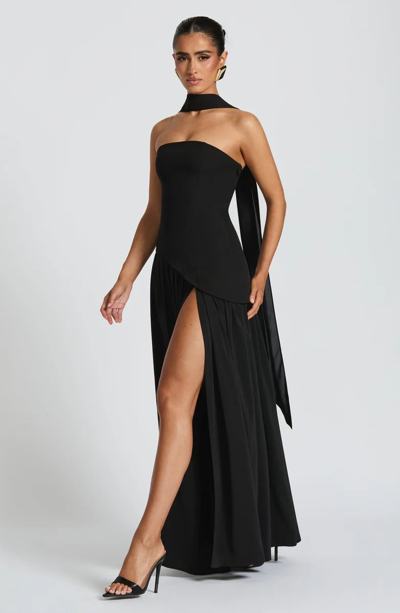 Strapless Asymmetric Drop Waist High Split Maxi Dress with Scarf 81