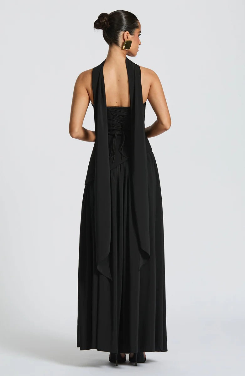 Strapless Asymmetric Drop Waist High Split Maxi Dress with Scarf 79