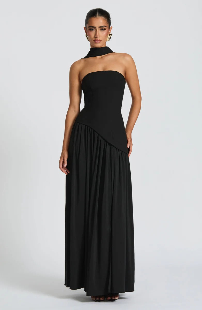 Strapless Asymmetric Drop Waist High Split Maxi Dress with Scarf 78