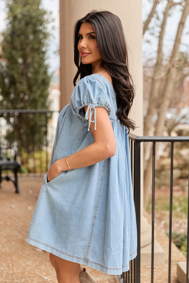 Chambray Square Neck Tie Puff Sleeve Babydoll Swing Mini Dress 4