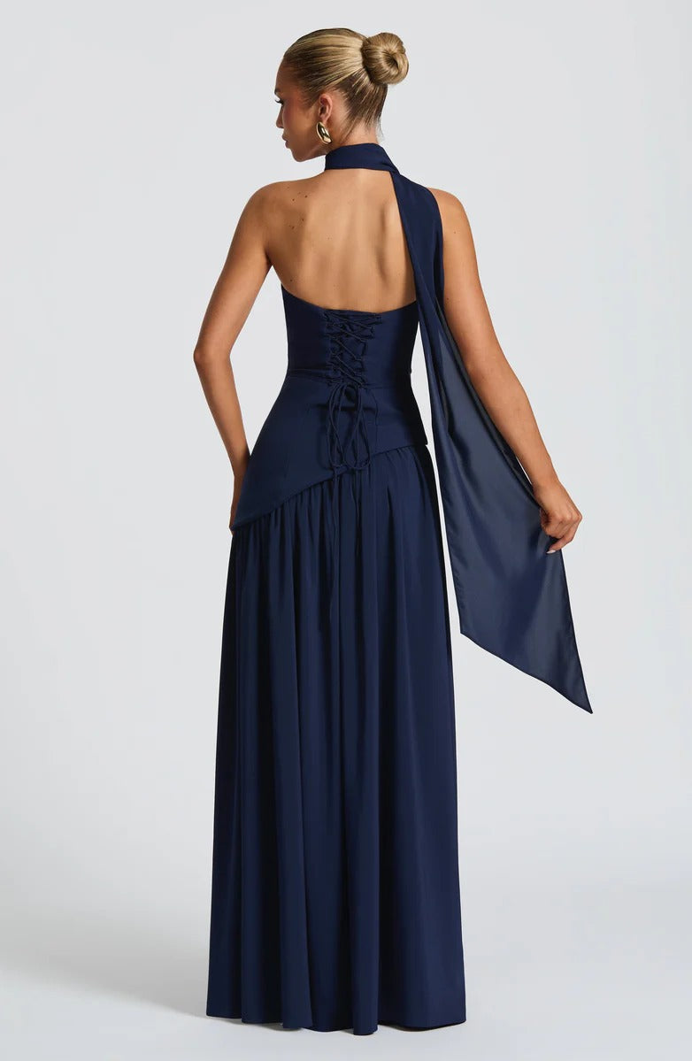 Strapless Asymmetric Drop Waist High Split Maxi Dress with Scarf 44