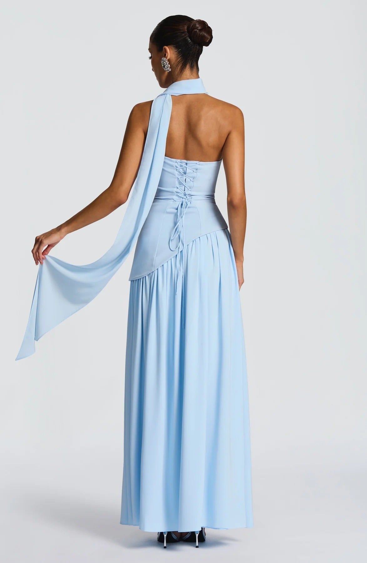 Strapless Asymmetric Drop Waist High Split Maxi Dress with Scarf 53