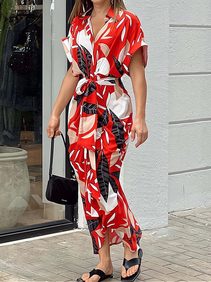 Tropical Print Button Down Collar Tie Front Maxi Dress