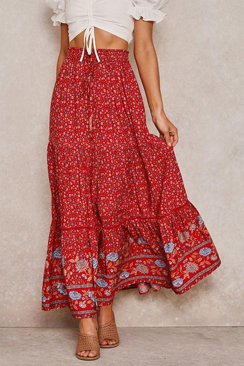 Floral Print Drawstring Waist Maxi Skirts