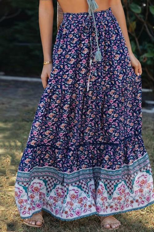 Floral Print Drawstring Waist Maxi Skirts