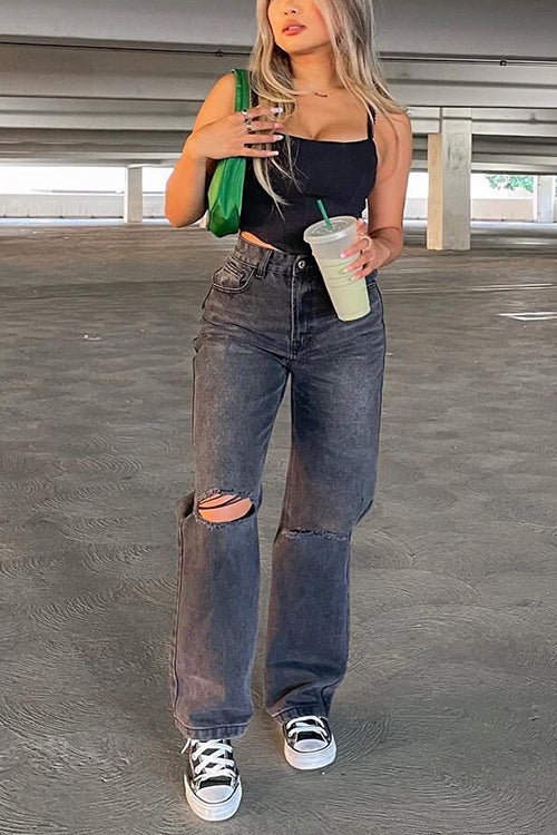 Black Borken Hole Straight Leg Jeans