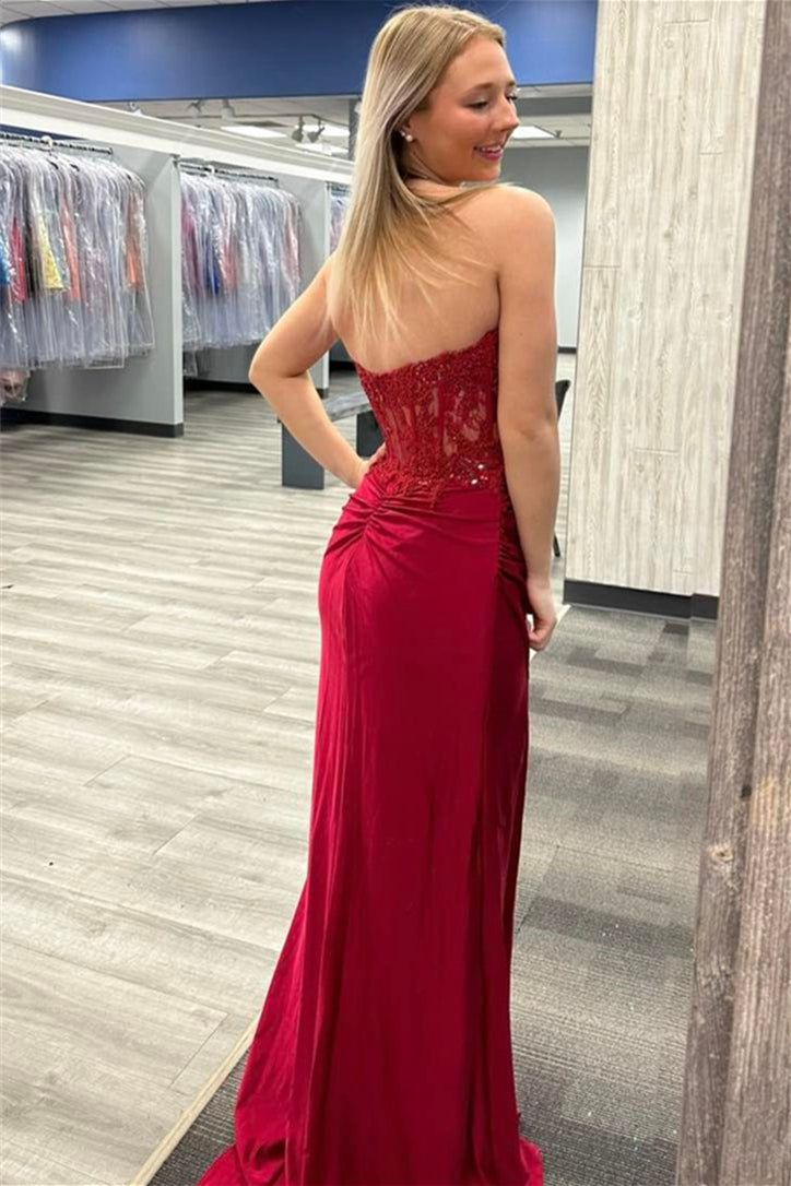 Wine Red Strapless Mermaid Appliques Long Prom Dress with Slit cc993