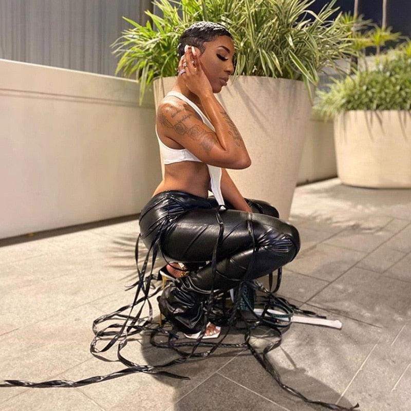 Mojoyce Waist Ribbons Split Hem PU Leather Pants Winter Streetwear Women Brown Black Trousers C87-DF30