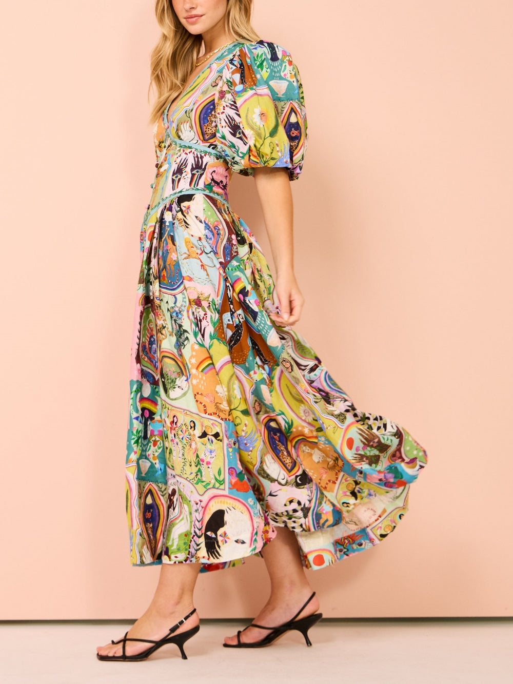 Scenic Print Deep V-Neck Puff Sleeve Tiered Midi Dress