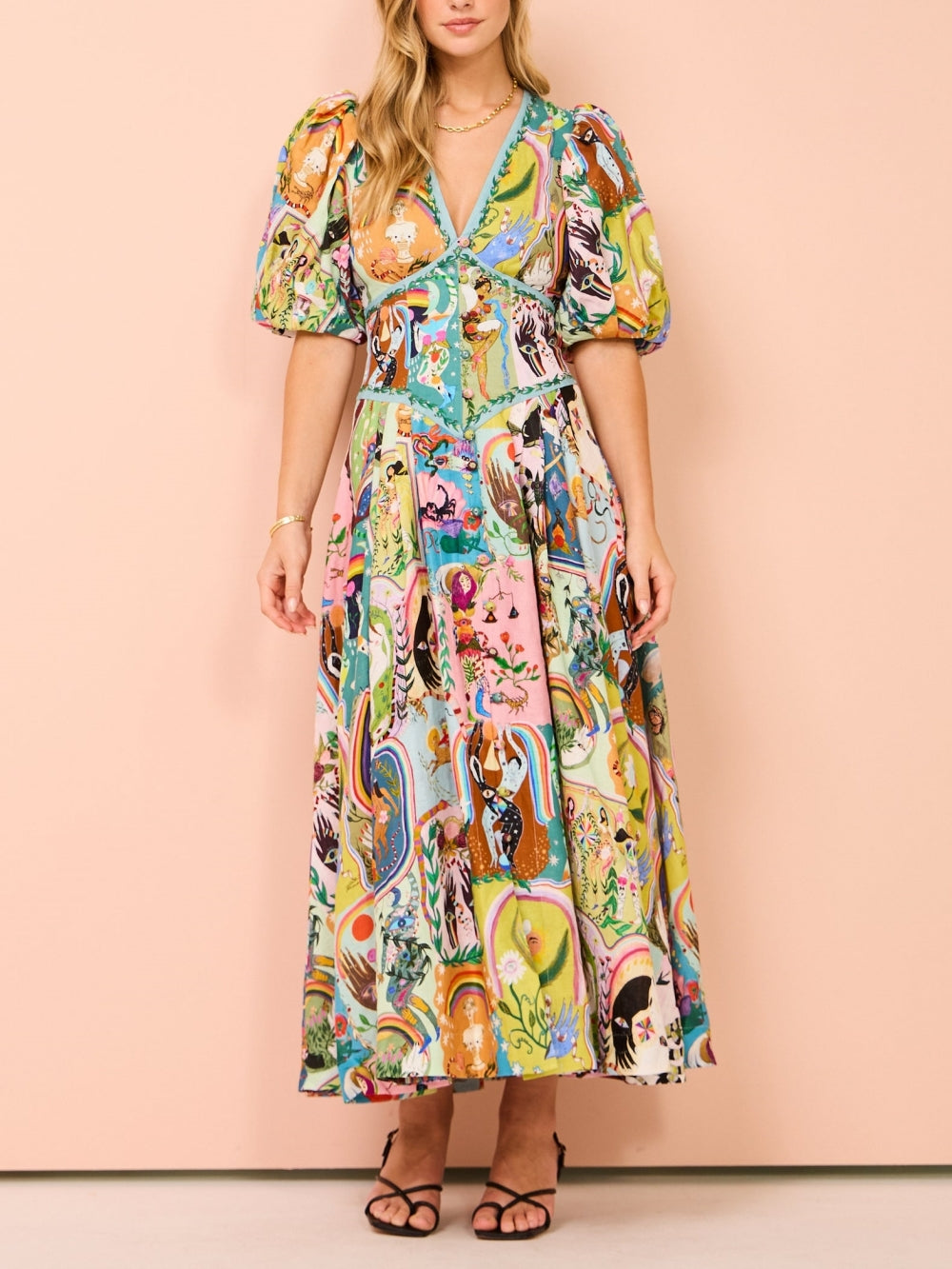Scenic Print Deep V-Neck Puff Sleeve Tiered Midi Dress