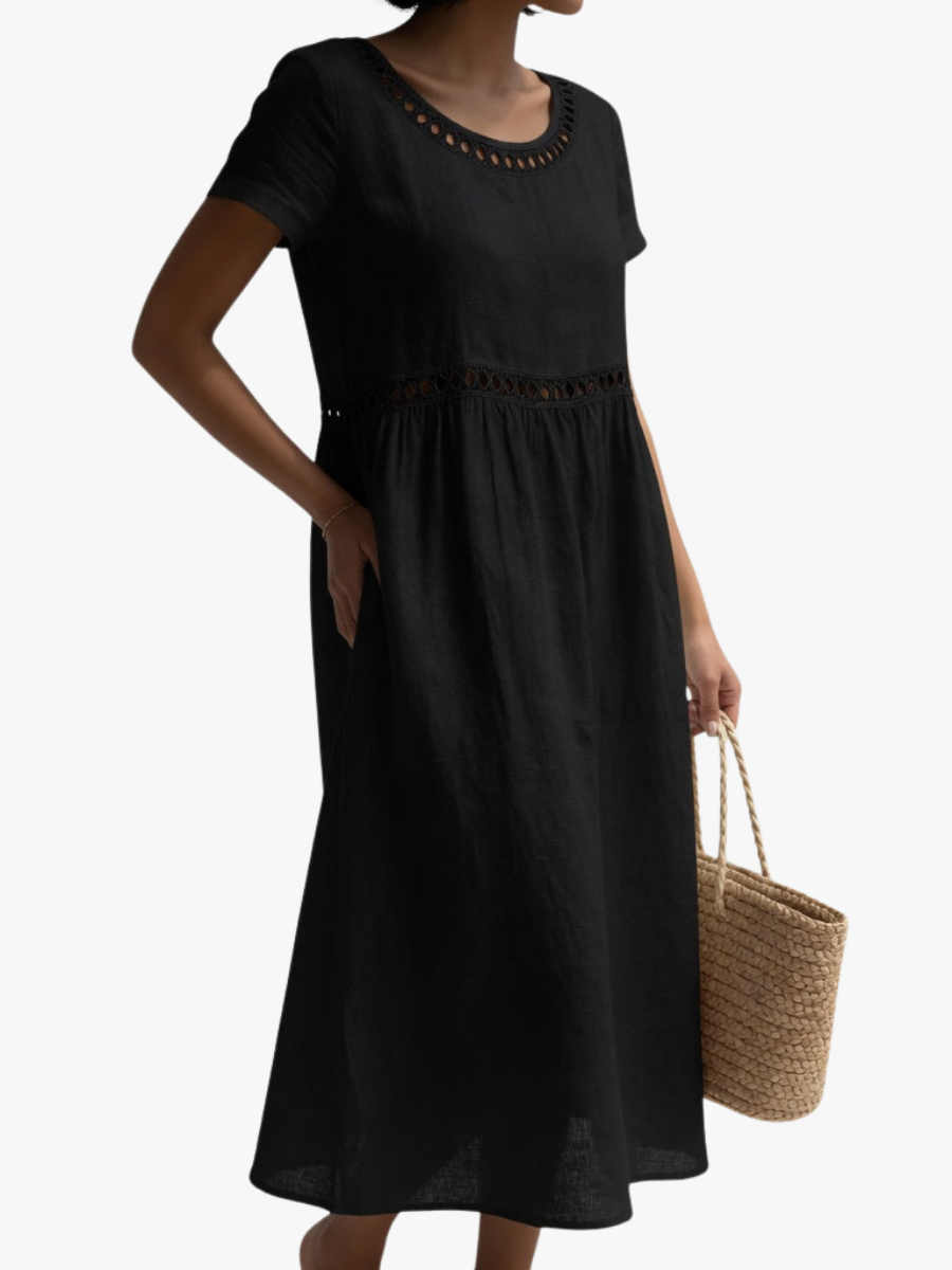 Round Neck Short Sleeve Eyelet Trim Midi Dress 3