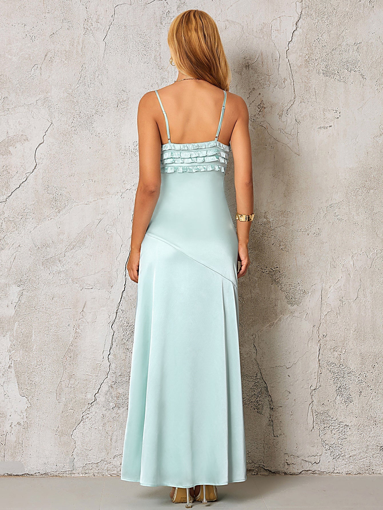 Backless Ruffle Trim Tie Front Satin Dress - View 2