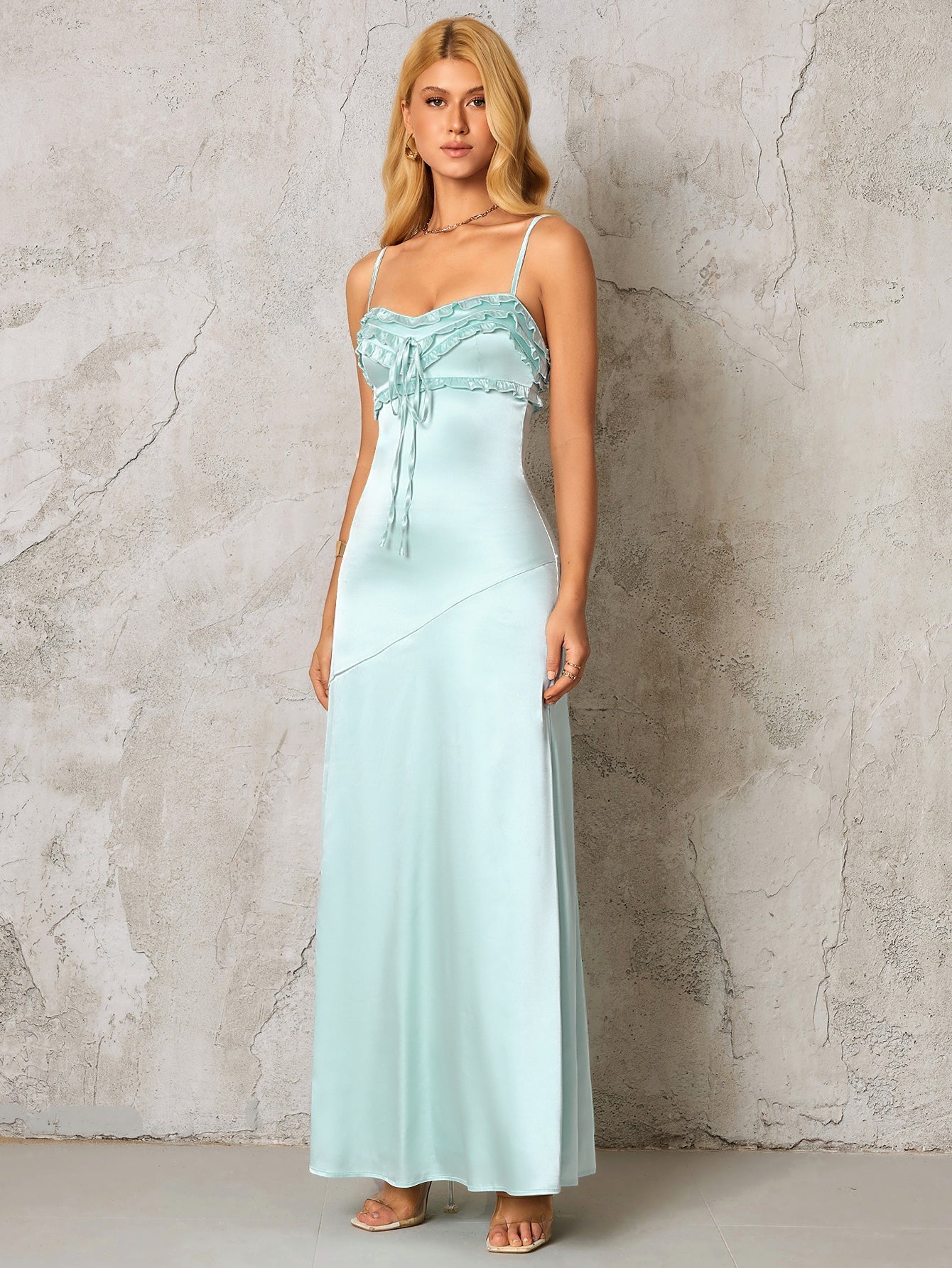 Backless Ruffle Trim Tie Front Satin Dress - View 6