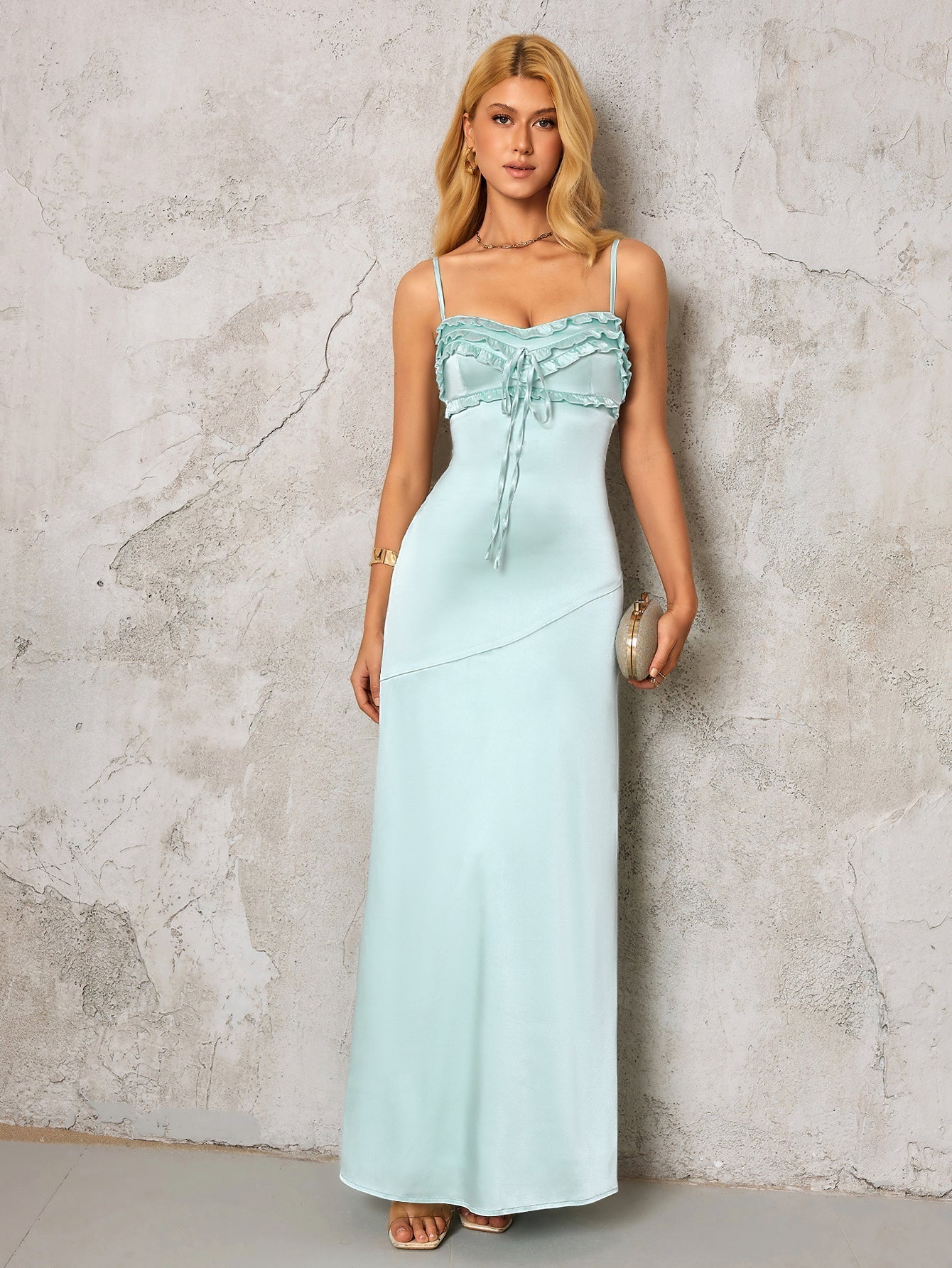 Backless Ruffle Trim Tie Front Satin Dress - View 4