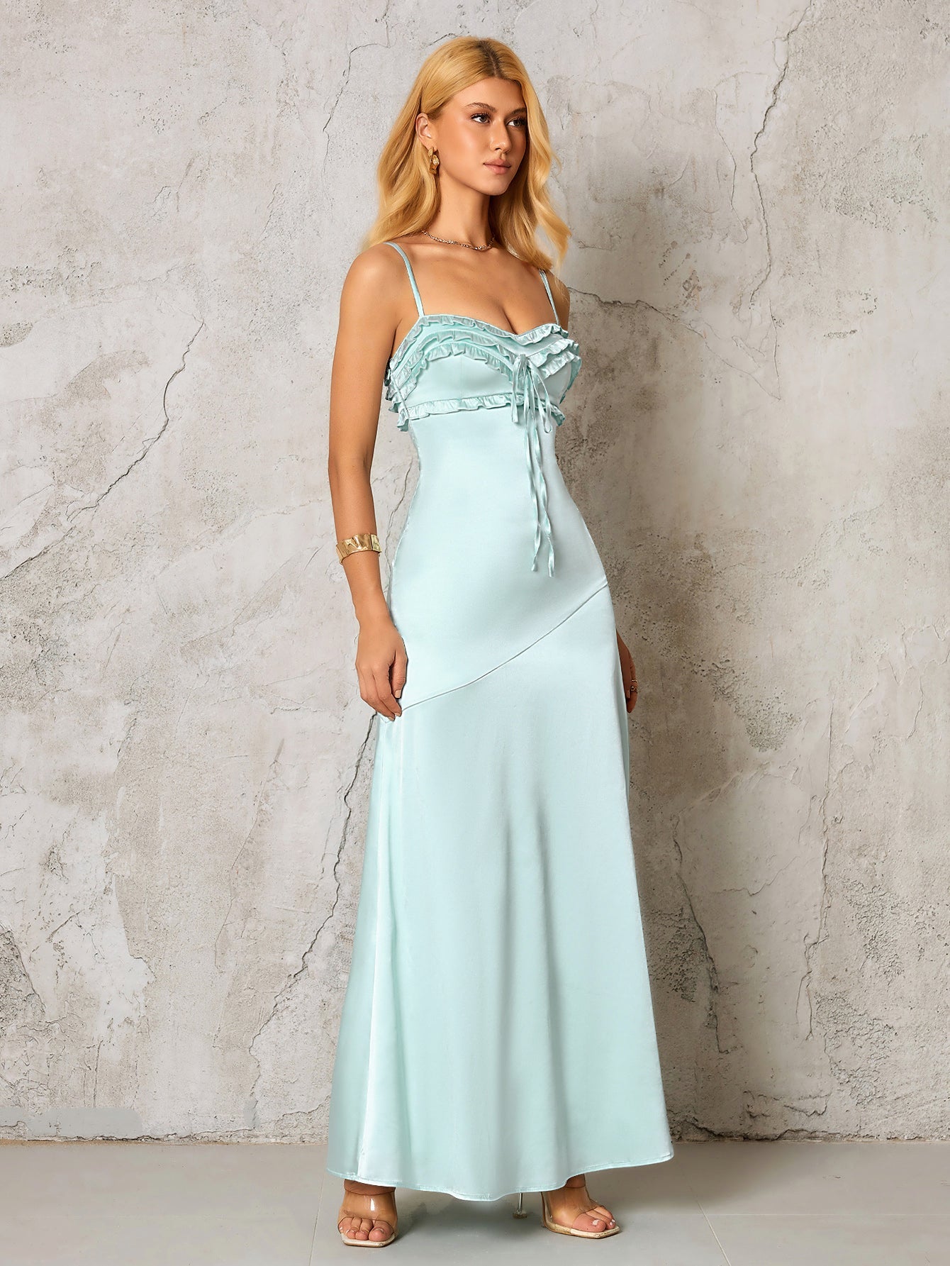 Backless Ruffle Trim Tie Front Satin Dress - View 3