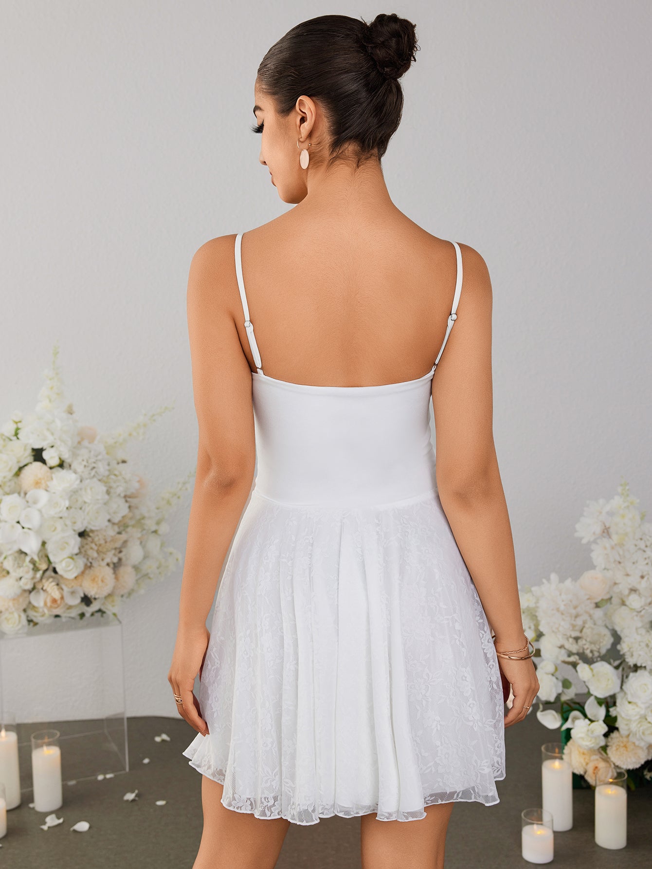 Backless Satin Patchwork Lace Hem Cami Dress - View 2