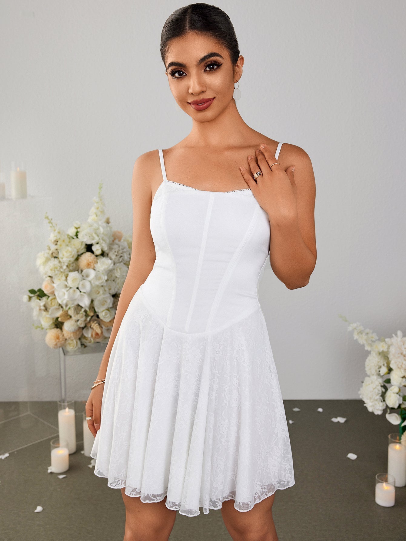 Backless Satin Patchwork Lace Hem Cami Dress - View 6