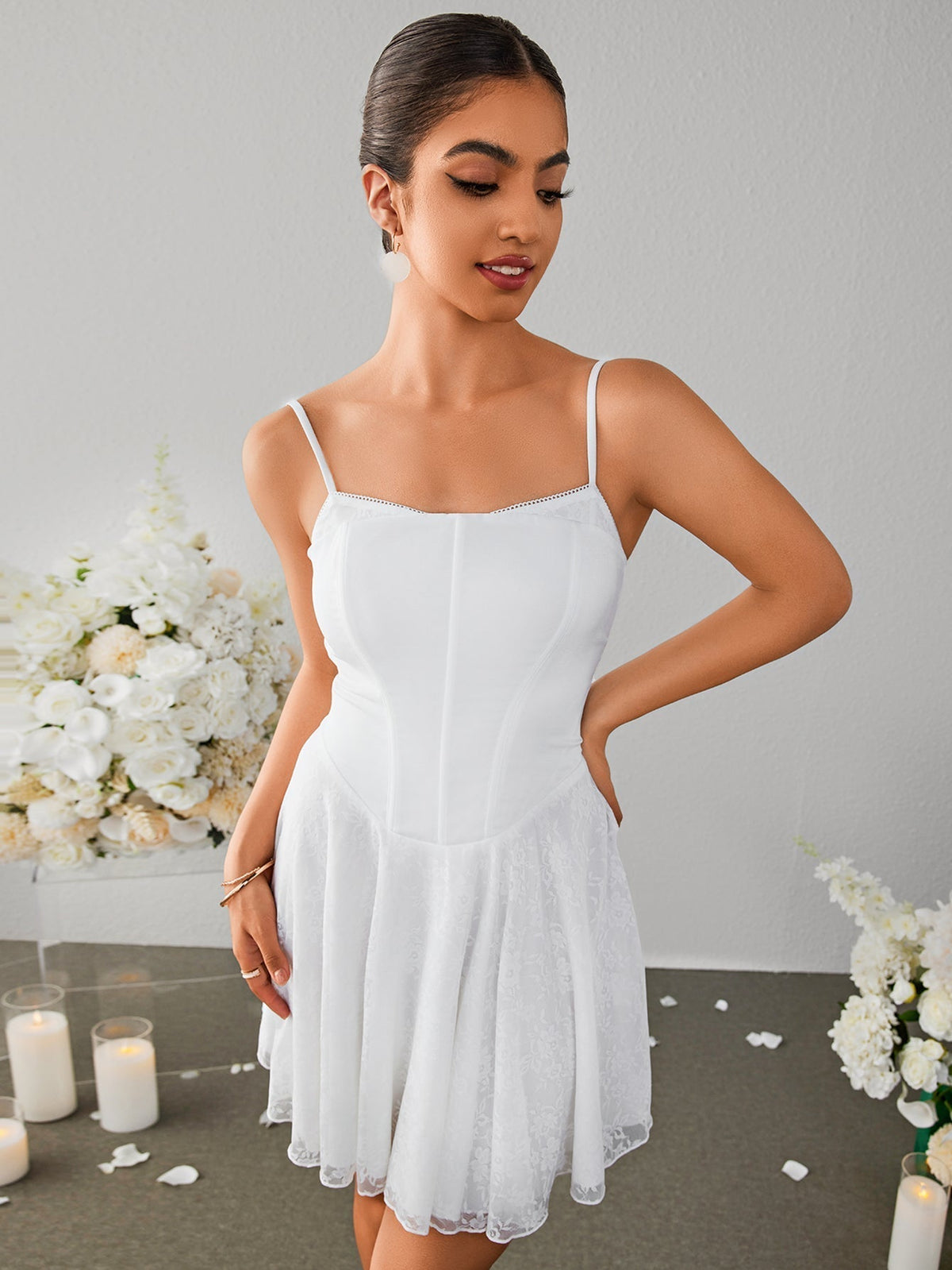 Square Neck Cami Corset Bodice Drop Waist Lace Skirt Mini Dress