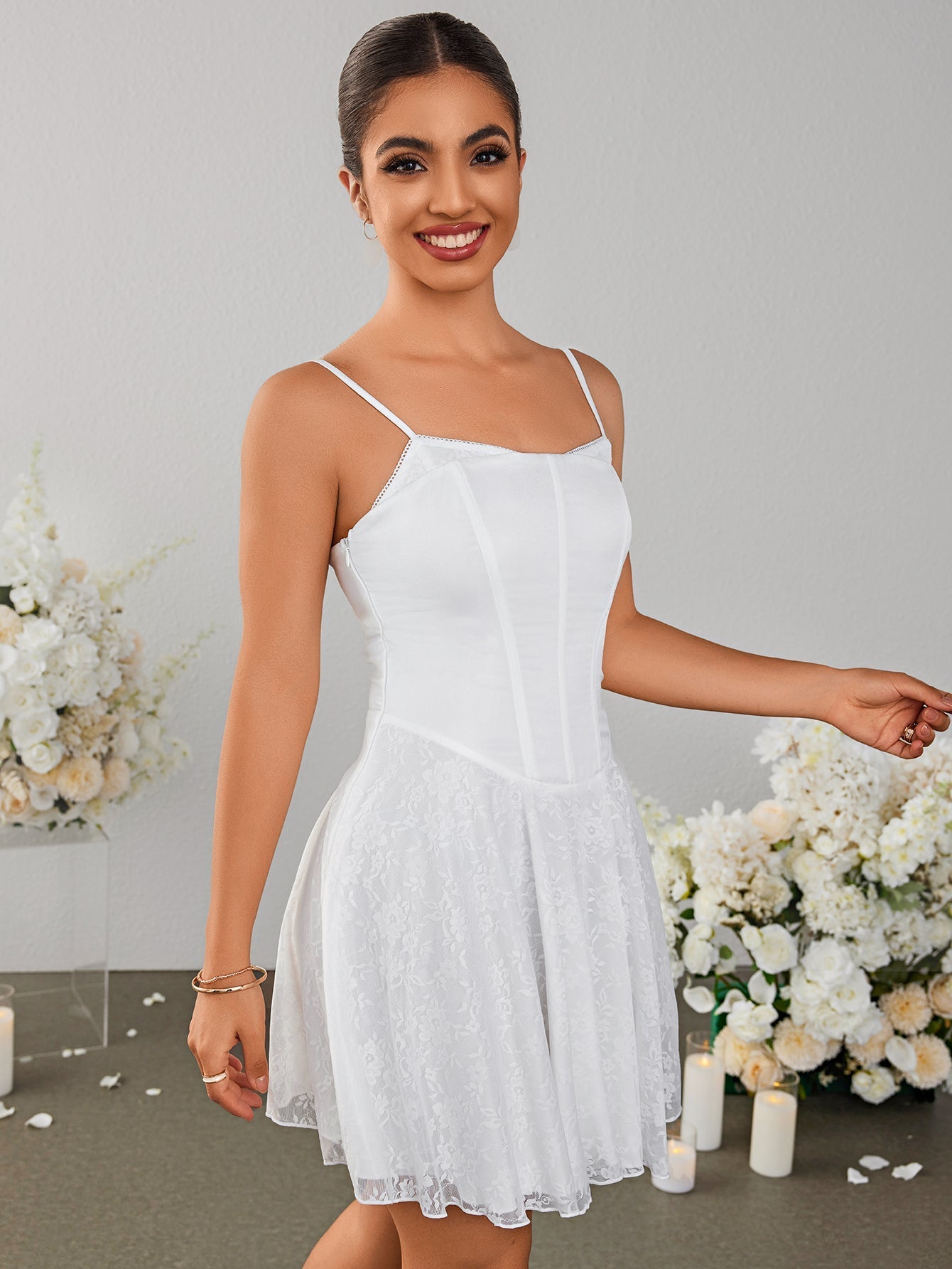 Backless Satin Patchwork Lace Hem Cami Dress - View 3