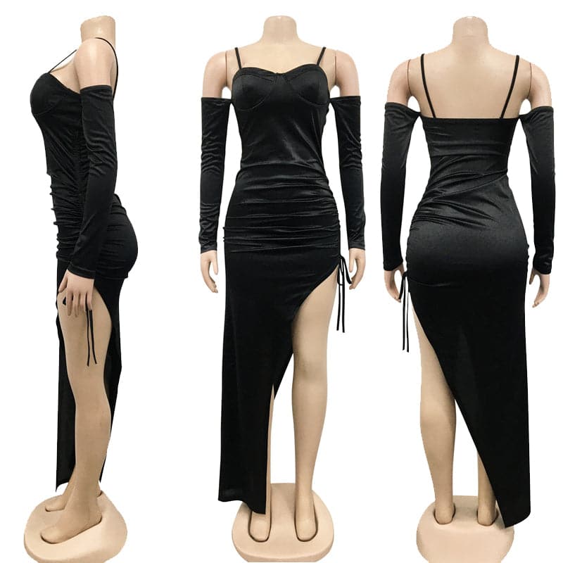Satin Corset Sweetheart Spaghetti Strap Long Sleeve Maxi Dress - View 4