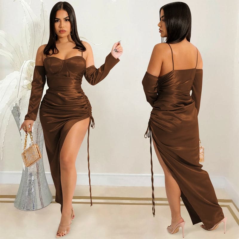 Satin Corset Sweetheart Spaghetti Strap Long Sleeve Ruched Drawstring High Split Maxi Dress