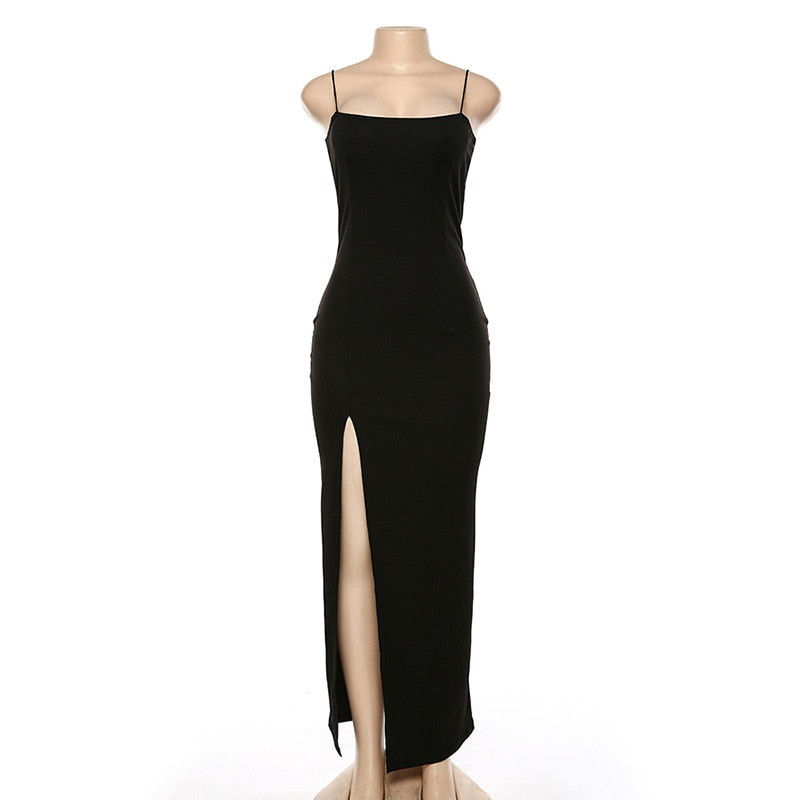 Spaghetti Strap Square Neck Princess Seam Bodycon High Split Maxi Dress