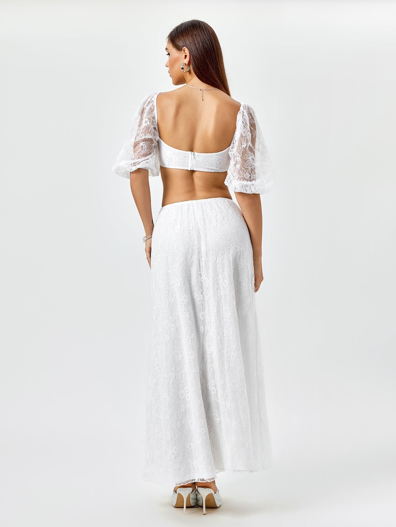 Backless Zipper Lace Crop Top&Lace A-Line Skirt