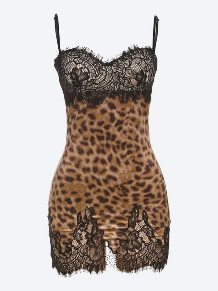 Leopard Lace Trim Spaghetti Strap Bodycon Mini Dress 3