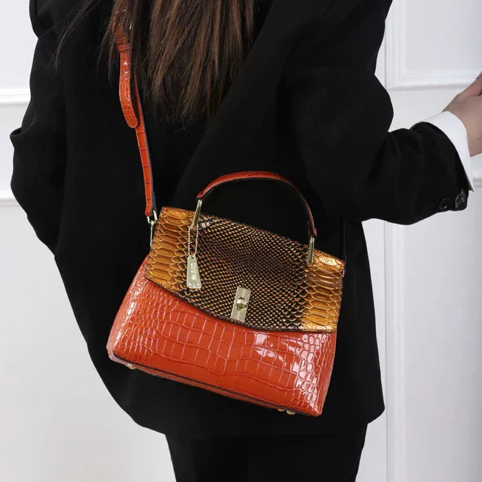 Snake Print Top Handle Structured Satchel Bag
