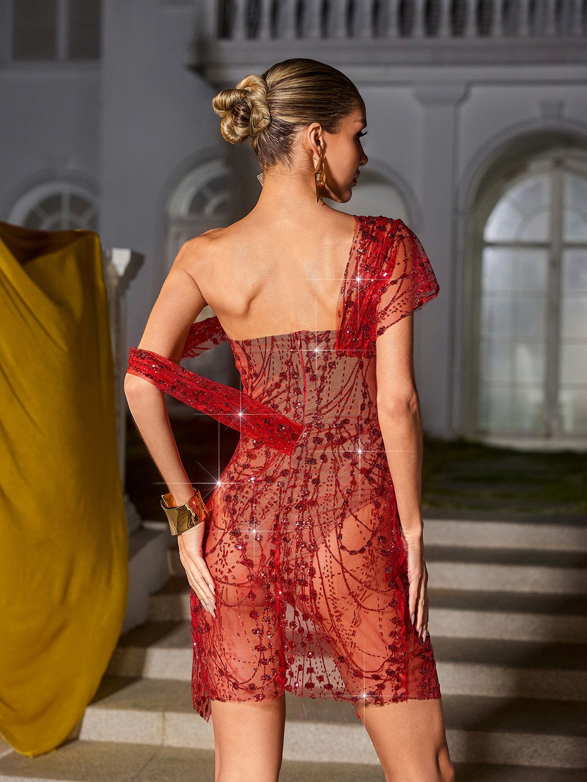 Sequin One Shoulder High Split Handkerchief Hem Bodycon Mini Dress