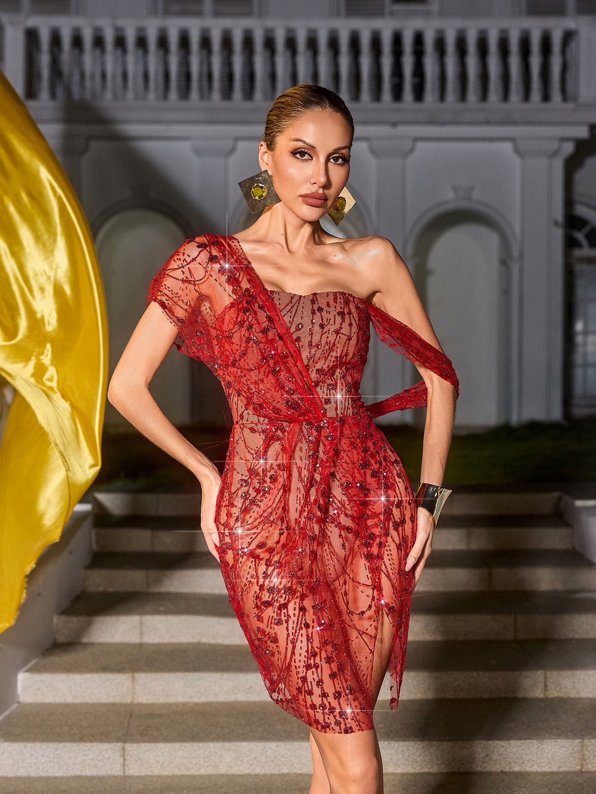 Sequin One Shoulder High Split Handkerchief Hem Bodycon Mini Dress