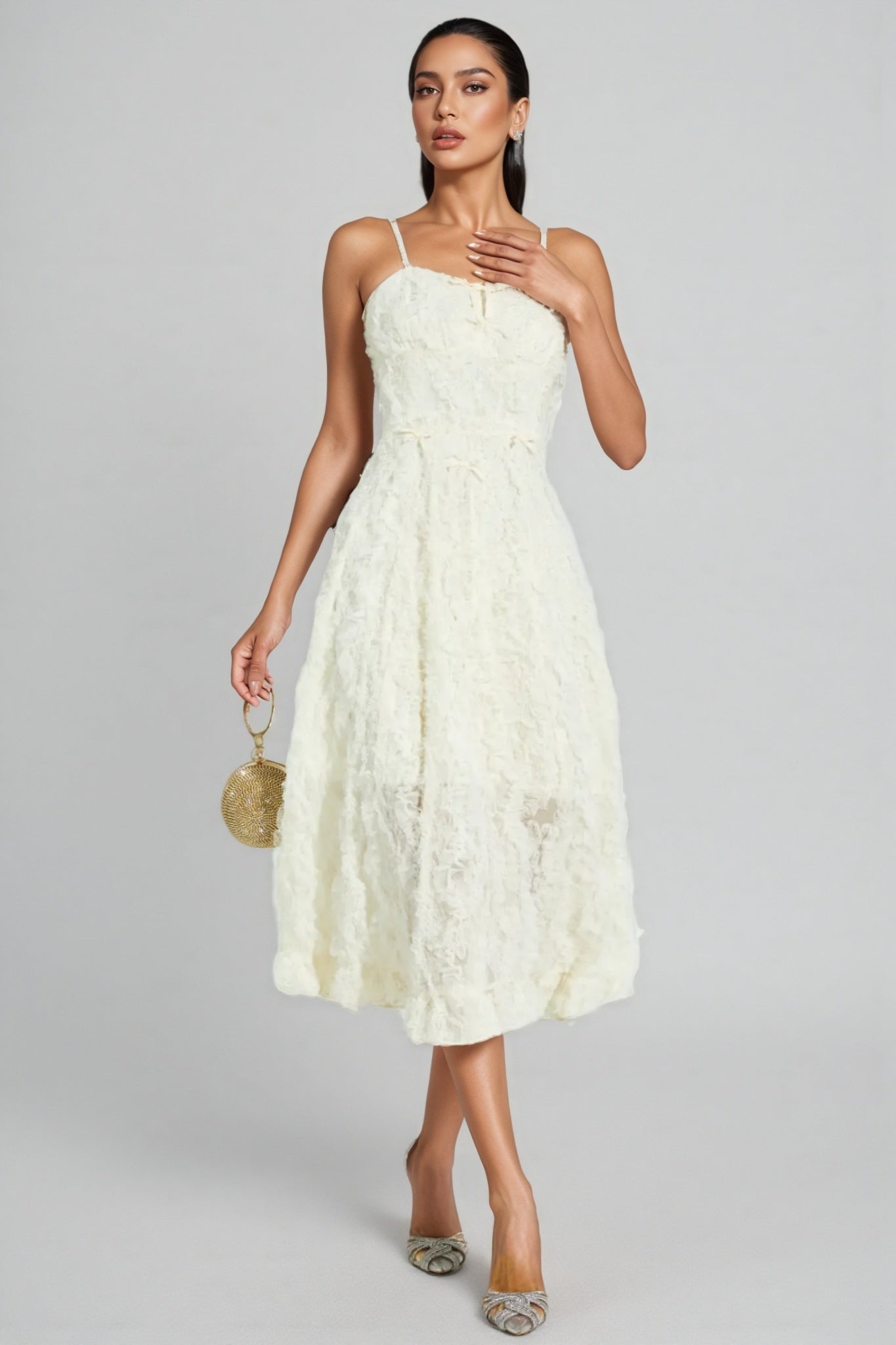 Kathle Beige Feather Midi Dress - View 3