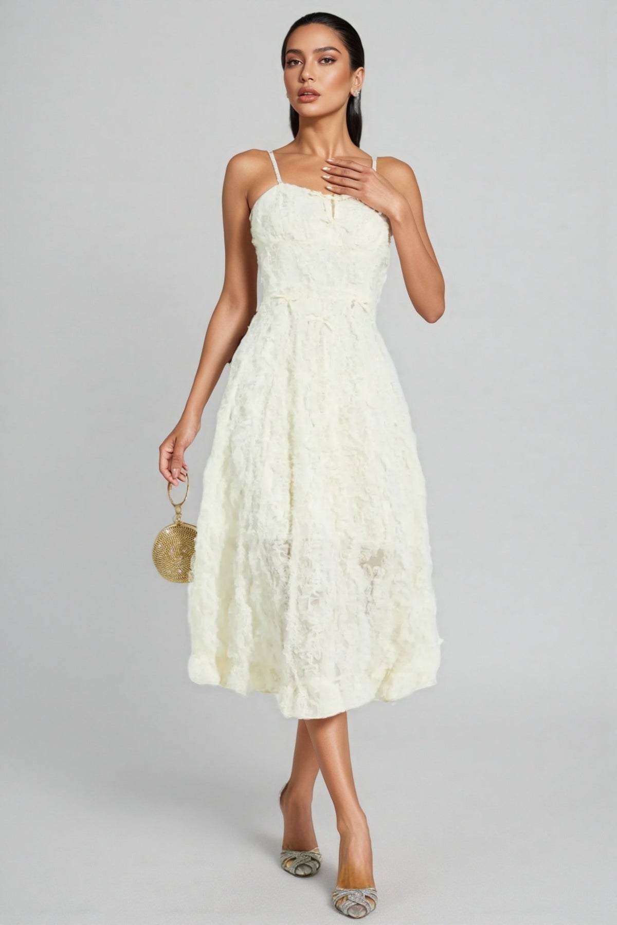 Spaghetti Strap Textured Floral Applique Bow Detail A-Line Midi Dress 3