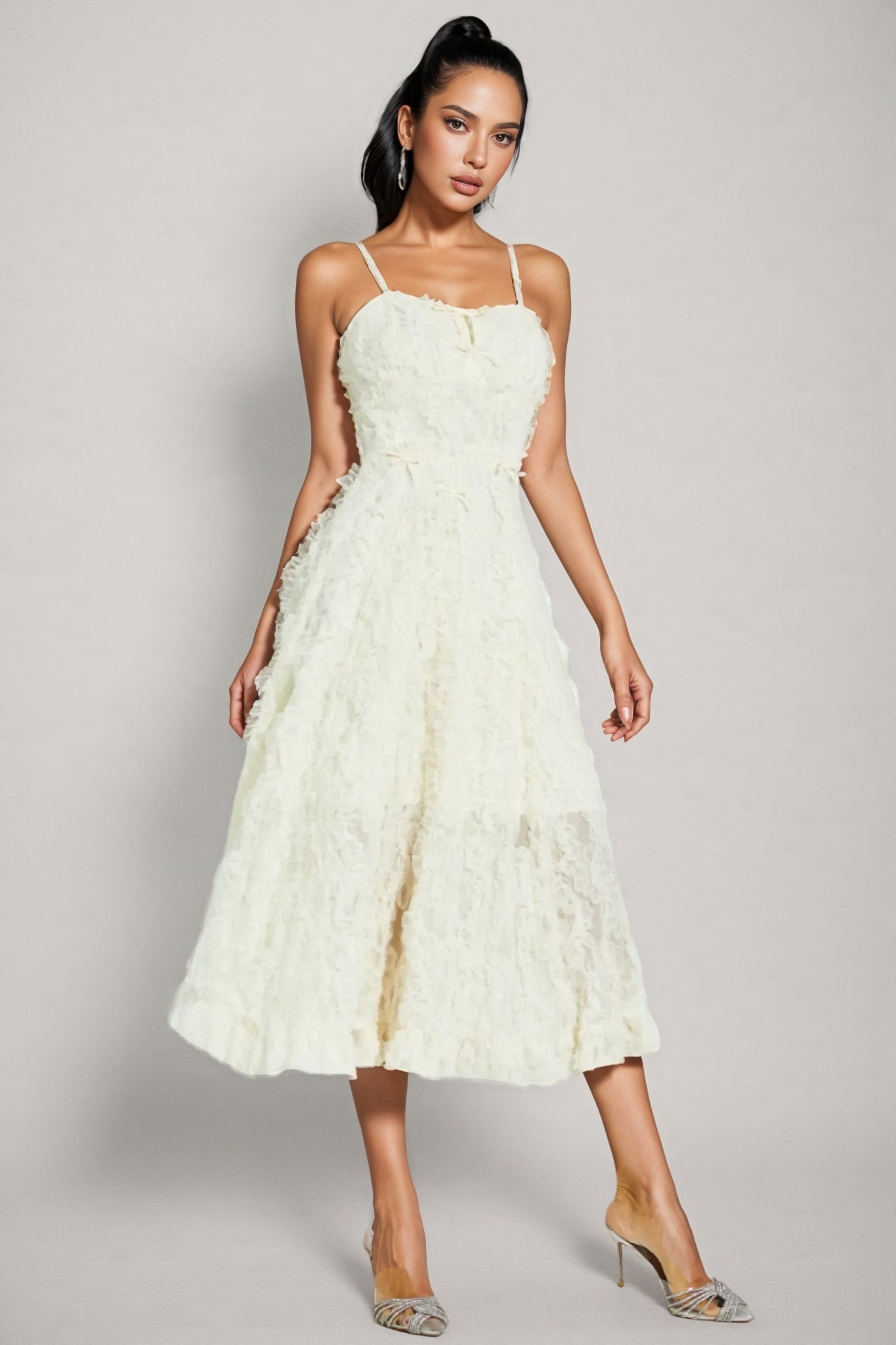 Kathle Beige Feather Midi Dress - View 2