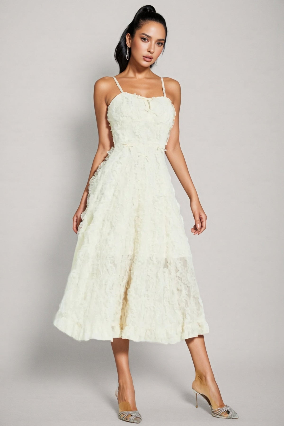 Spaghetti Strap Textured Floral Applique Bow Detail A-Line Midi Dress 2
