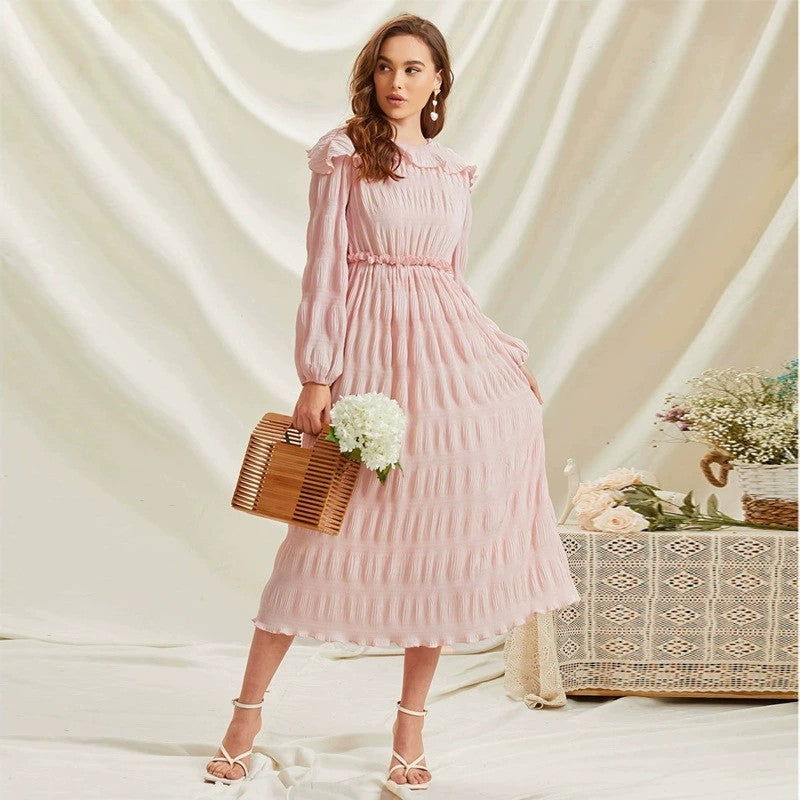 Ruffle Collar Long Lantern Sleeve Textured Frill Waist A-Line Midi Dress