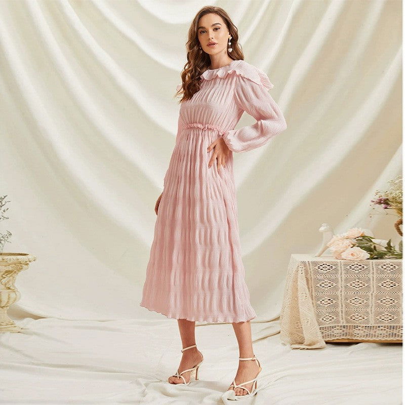 Ruffle Collar Long Lantern Sleeve Textured Frill Waist A-Line Midi Dress 2
