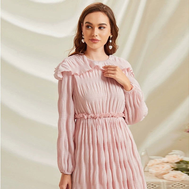 Ruffle Collar Long Lantern Sleeve Textured Frill Waist A-Line Midi Dress 3