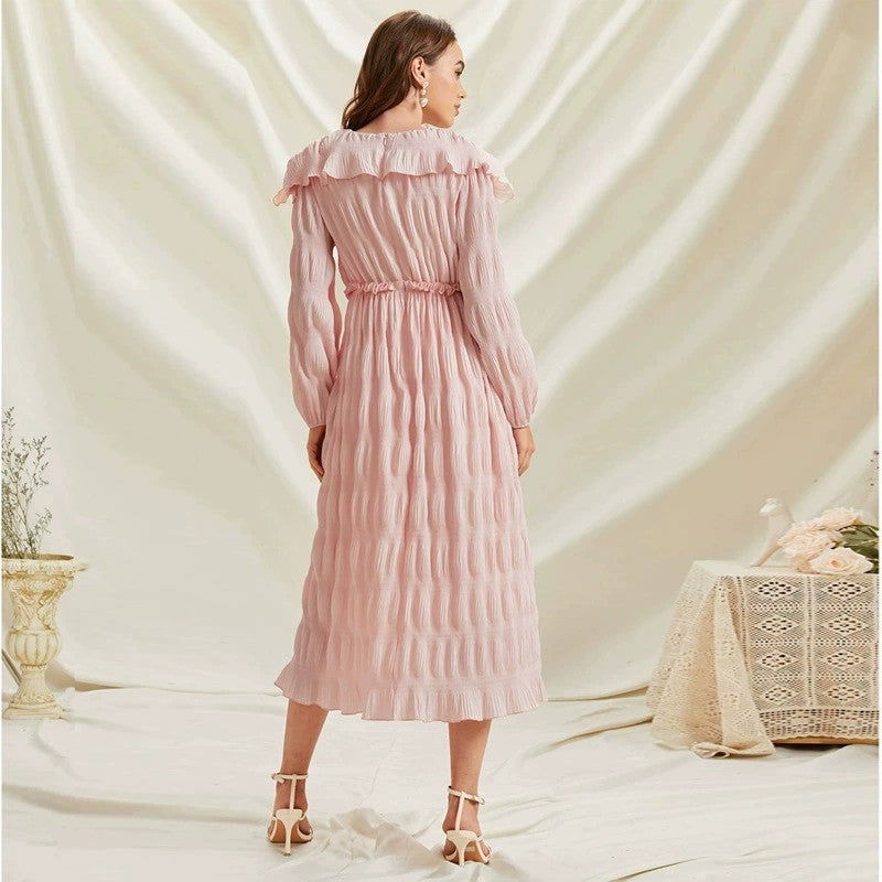 Ruffle Collar Long Lantern Sleeve Textured Frill Waist A-Line Midi Dress 4
