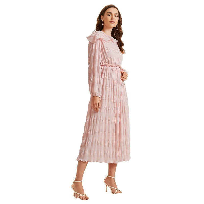 Ruffle Collar Long Lantern Sleeve Textured Frill Waist A-Line Midi Dress 5