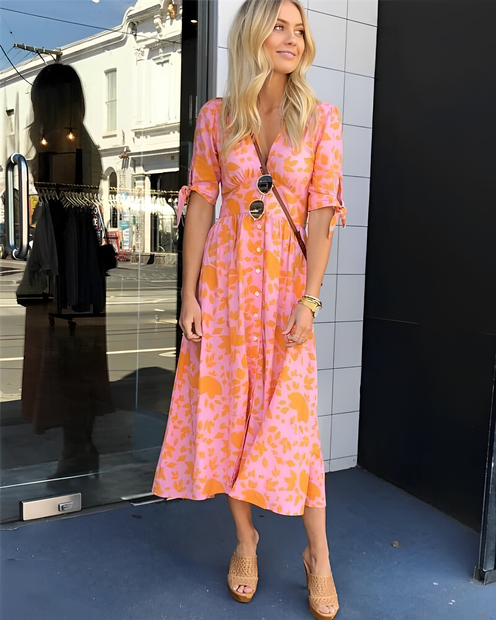 Botanical Print Deep V-Neck Tie Sleeve Button Front Empire Waist Midi Dress