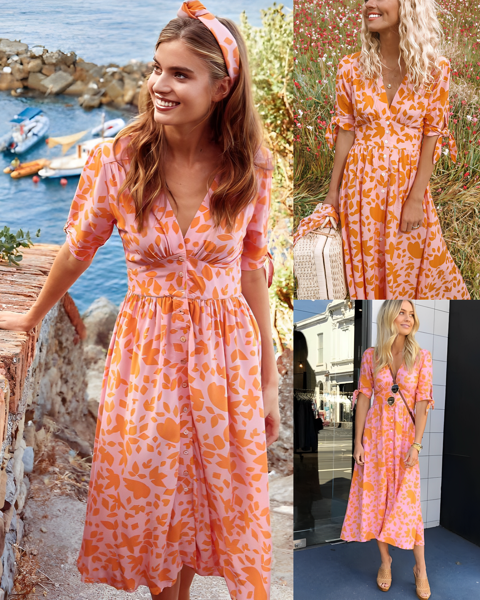 Deep V-Neck Button Front Tie Cuff Short Sleeve Midi Summer Dress