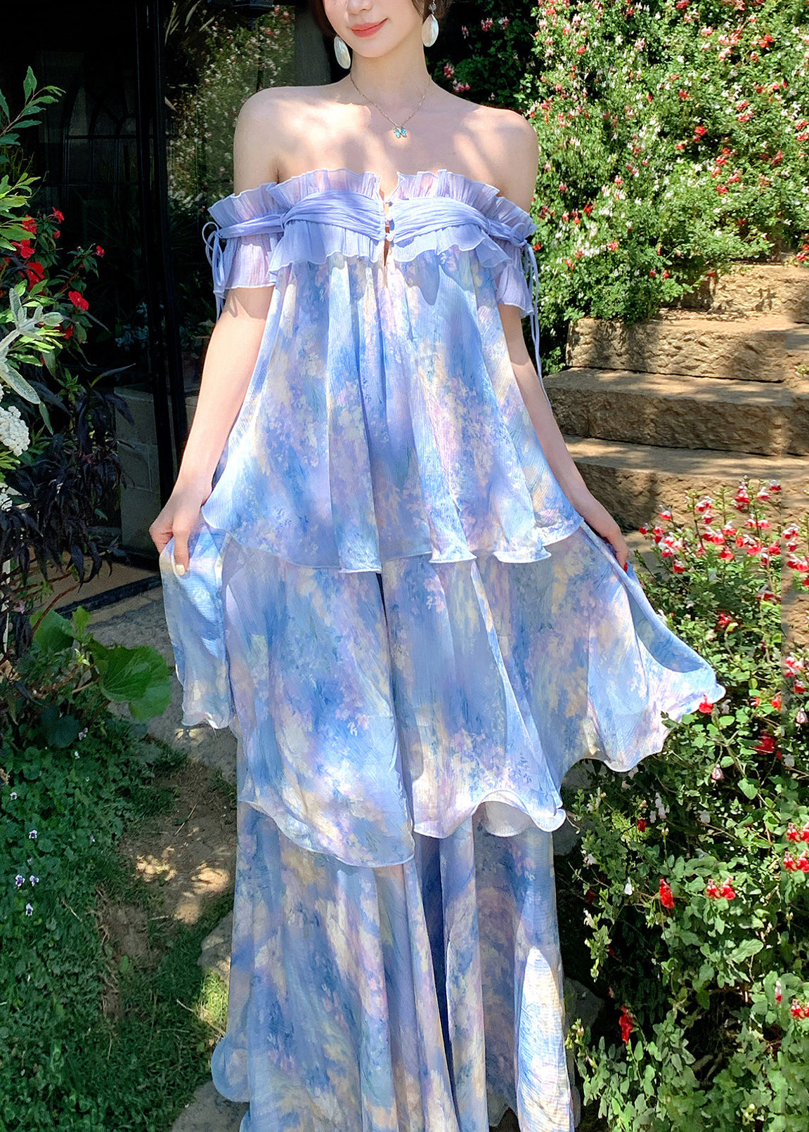 Beach Light Purple Slash Neck Print Long Cake Dress Short Sleeve