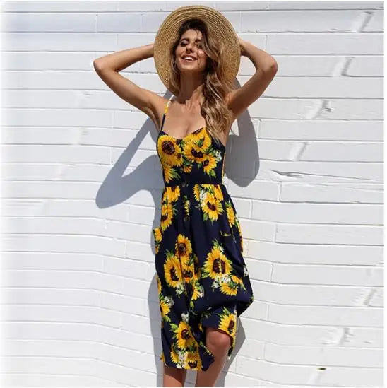 Printed Sling VNeck Summer Midi Dress