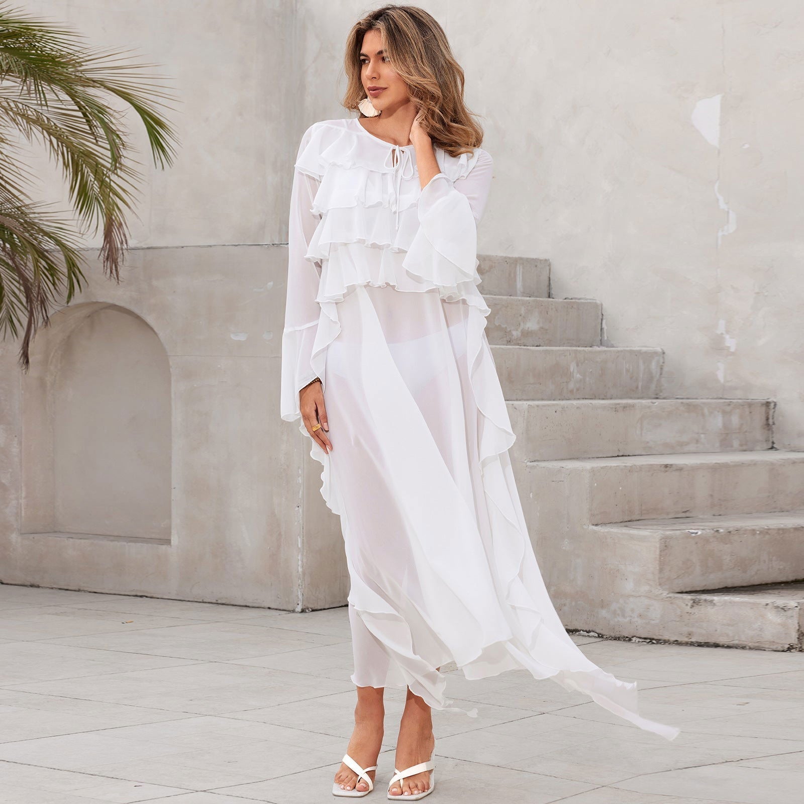 Beach Chiffon Stacked Vacation Pullover Bikini Swimsuit Blouse Sun Protective