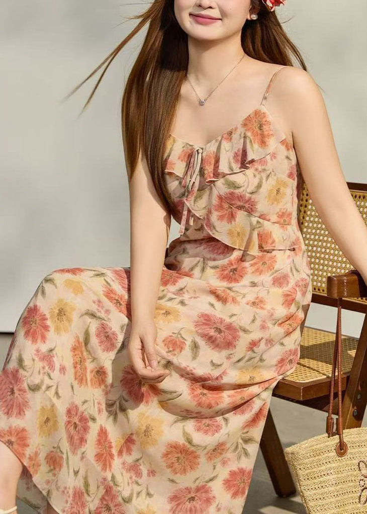 Floral Spaghetti Strap Ruffle A-Line Midi Summer Dress