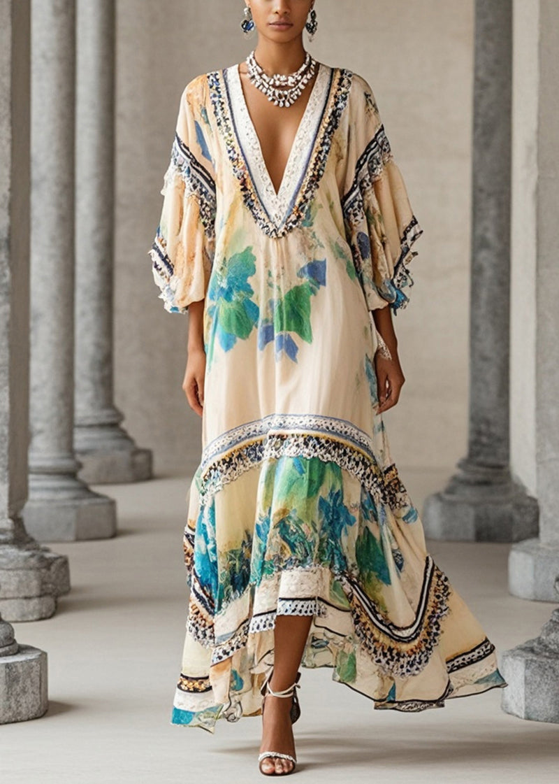 Deep V-Neck Batwing Sleeve Embroidered Trim Chiffon Kaftan Maxi Dress