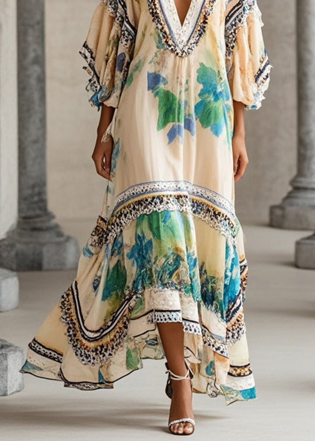 Deep V-Neck Batwing Sleeve Embroidered Trim Chiffon Kaftan Maxi Dress