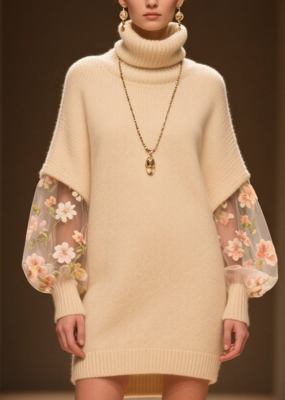 Turtleneck Knit Tulle Floral Embroidered Bishop Sleeve Mini Dress